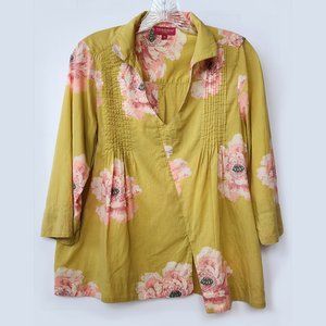 Lisa Corti Golden Yellow Blouse with Pinky, Peach Flowers, Sz M
